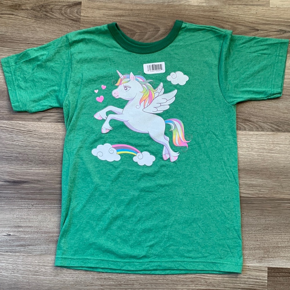 Green Unicorn Rainbow Shirt Kids Medium M Anvil Short Sleeve New Cute Girls Top